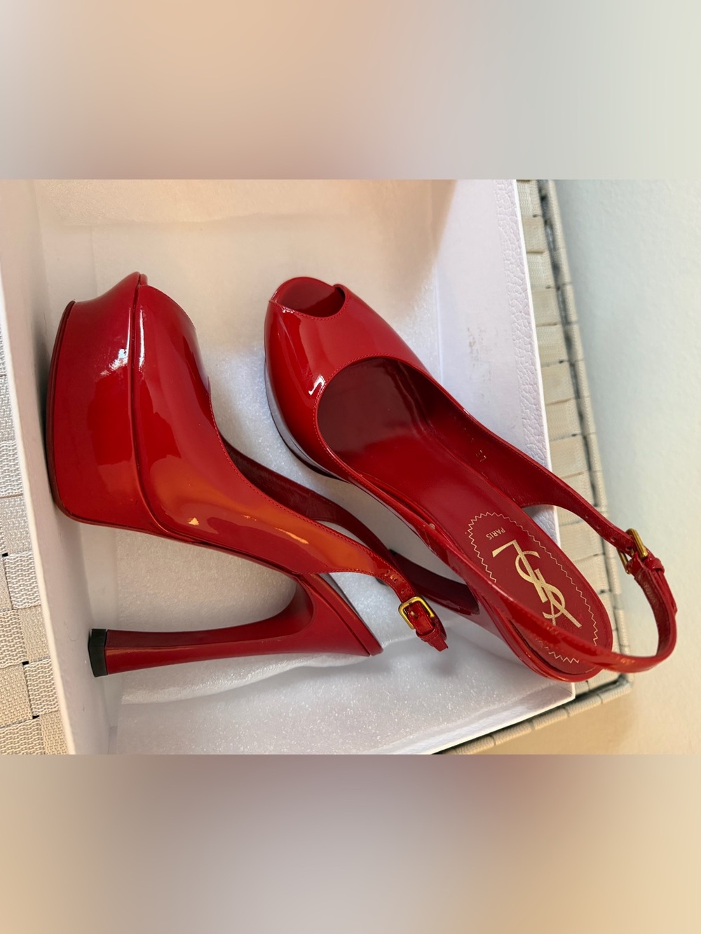 Yves Saint Laurent Red Patent Peep-Toe Slingback Heels